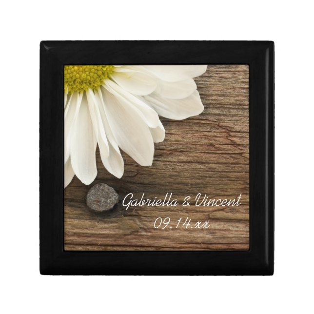 White Daisy and Barn Wood Country Wedding Jewelry Box (Front)