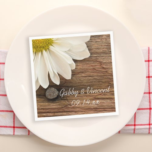 White Daisy and Barn Wood Country Wedding Napkins