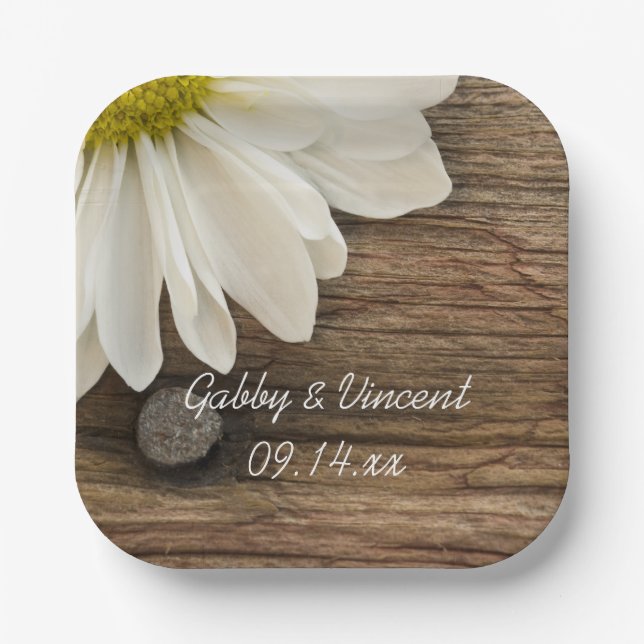 White Daisy and Barn Wood Country Wedding Paper Plates (Front)