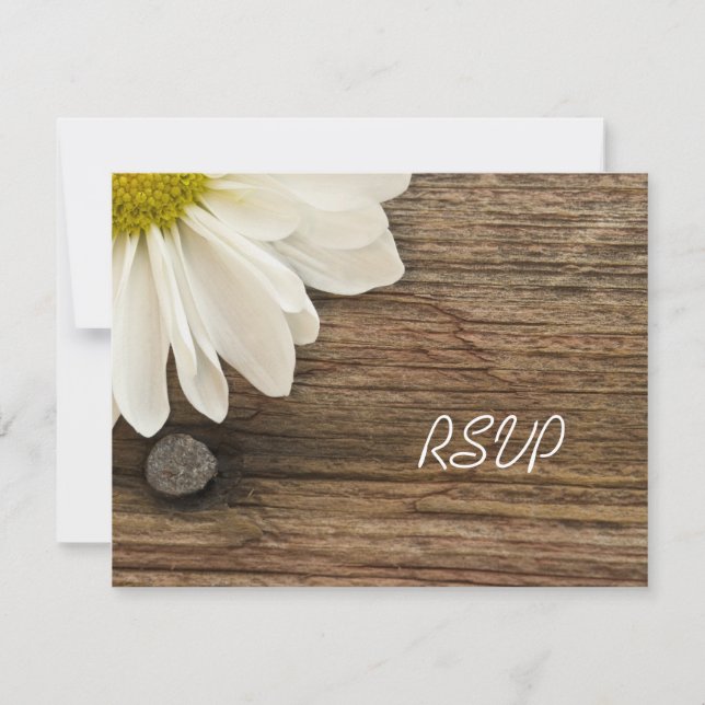 White Daisy and Barn Wood Country Wedding RSVP (Front)