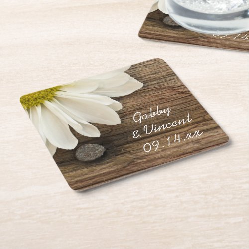 White Daisy and Barn Wood Country Wedding Square Paper Coaster