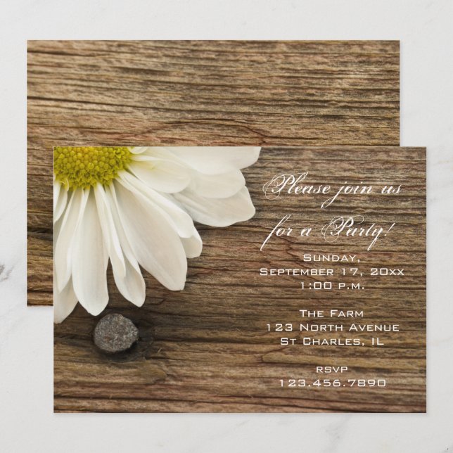 White Daisy and Barn Wood General Party Invitation (Front/Back)