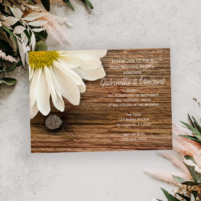 White Daisy and Barn Wood Post Wedding Brunch Invitation (Creator Uploaded)