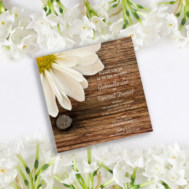 White Daisy and Barn Wood Ranch Wedding Invitation (Creator Uploaded)