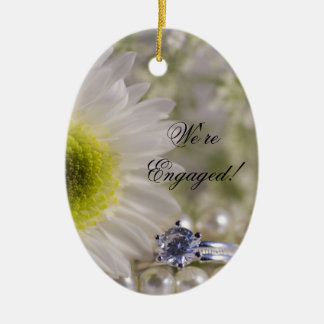 White Daisy and Diamond Ring Engagement Ceramic Ornament