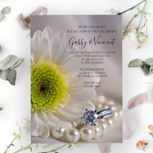 White Daisy and Diamond Ring Engagement Party Invitation