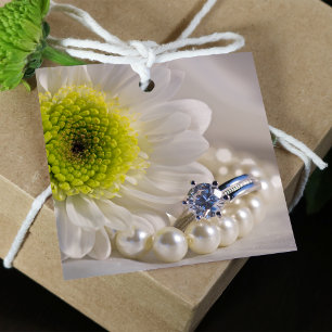 White Daisy and Diamond Ring Wedding Favor Tags