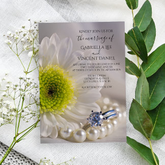 White Daisy and Diamond Ring Wedding Invitation