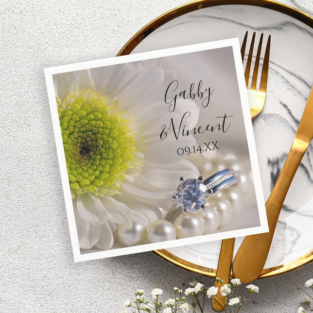 White Daisy and Diamond Ring Wedding Napkins (Creator Uploaded)