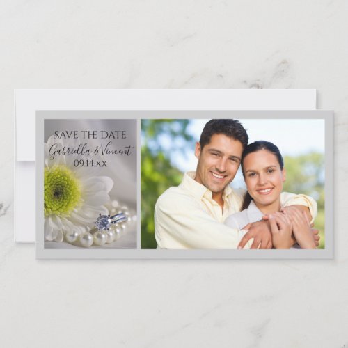 White Daisy and Diamond Ring Wedding Save the Date