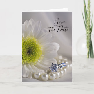 White Daisy and Diamond Ring Wedding Save the Date Announcement