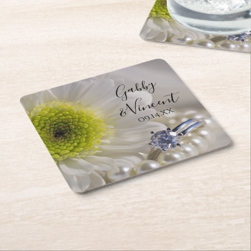 White Daisy and Diamond Ring Wedding Square Paper Coaster