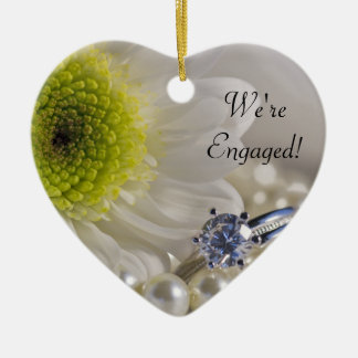 White Daisy and Diamond Ring We're Engaged Ceramic Ornament