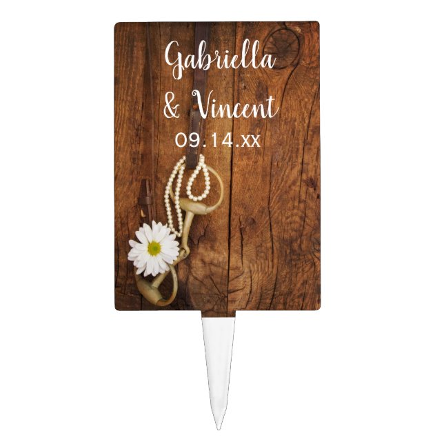 White Daisy and Horse Bit Country Western Wedding Cake Topper (Front)