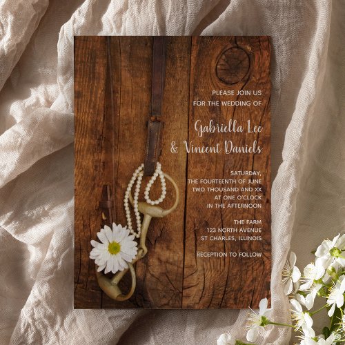 White Daisy and Horse Bit Country Western Wedding Invitation