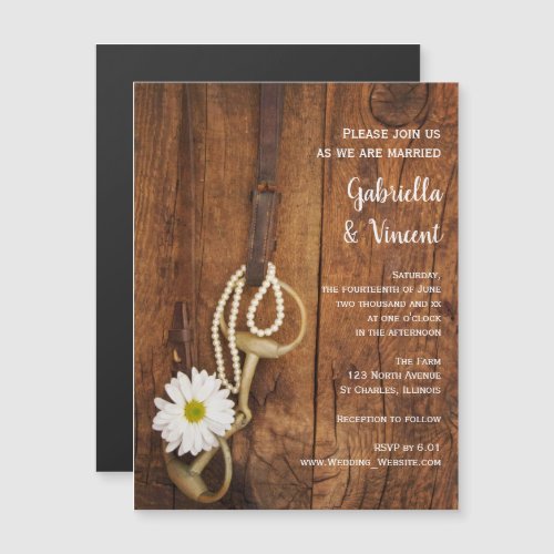 White Daisy and Horse Bit Country Western Wedding Magnetic Invitation