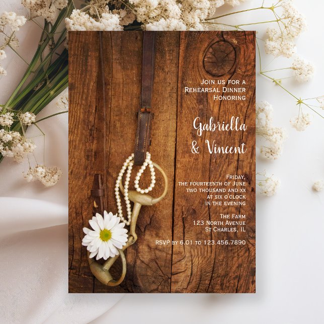 White Daisy and Horse Bit Western Rehearsal Dinner Invitation (Creator Uploaded)