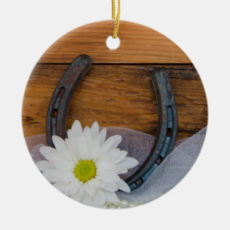 White Daisy and Horseshoe Country Wedding Ceramic Ornament