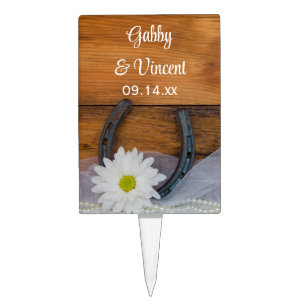 White Daisy and Horseshoe Country Western Wedding Cake Topper