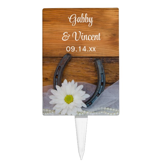 White Daisy and Horseshoe Country Western Wedding Cake Topper (Front)