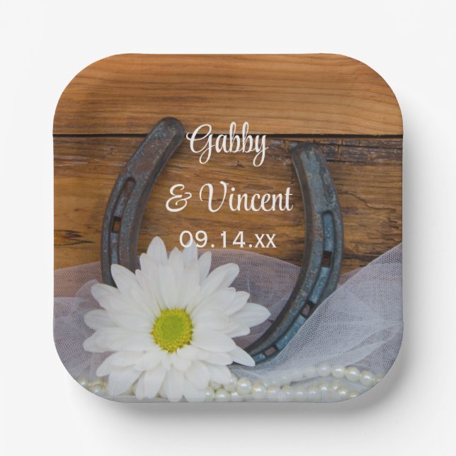 White Daisy and Horseshoe Country Western Wedding Paper Plates (Front)