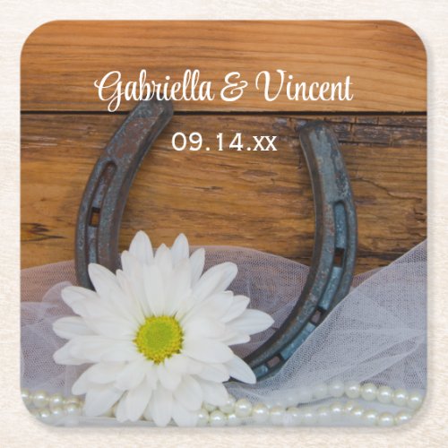 White Daisy and Horseshoe Country Western Wedding Square Paper Coaster