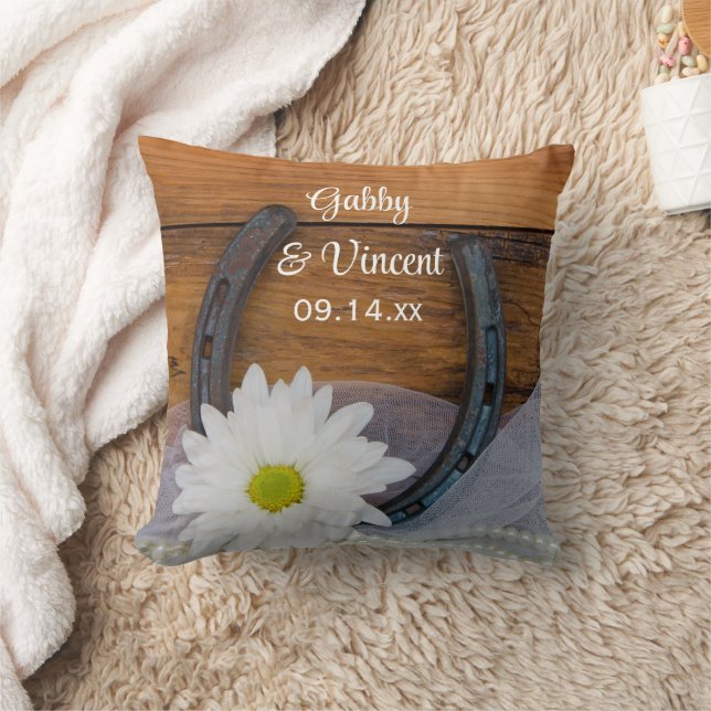 White Daisy and Horseshoe Country Western Wedding Throw Pillow (Blanket)