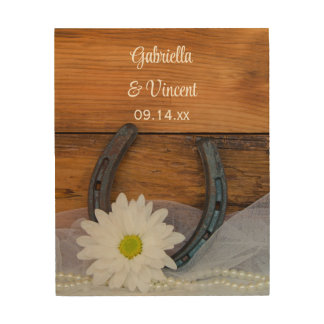 White Daisy and Horseshoe Country Western Wedding Wood Wall Art