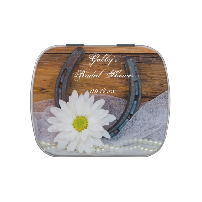 White Daisy and Horseshoe Western Bridal Shower Candy Tin (Top)