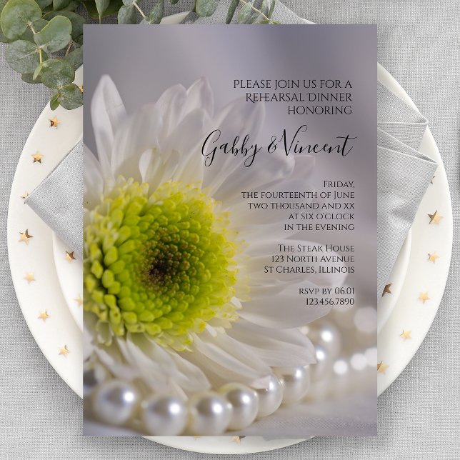 White Daisy and Pearls Wedding Rehearsal Dinner Invitation (Creator Uploaded)