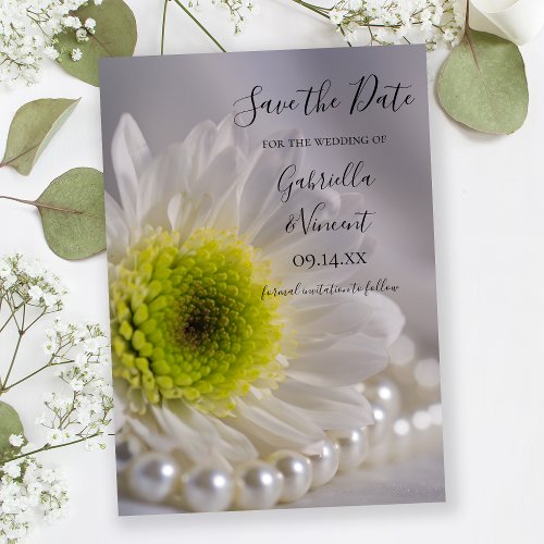 White Daisy and Pearls Wedding Save the Date