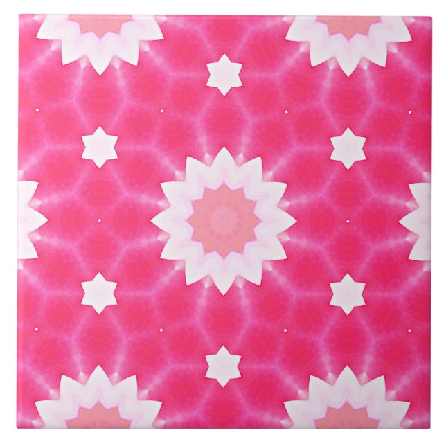 White daisy and stars over pink background pattern ceramic tile (Front)