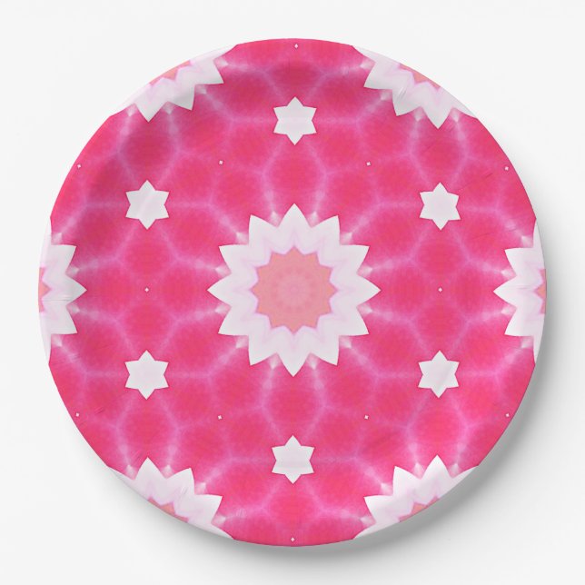 White daisy and stars over pink background pattern paper plates (Front)