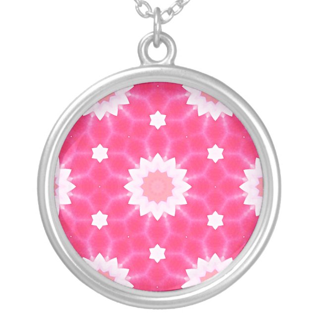 White daisy and stars over pink background pattern silver plated necklace (Front)