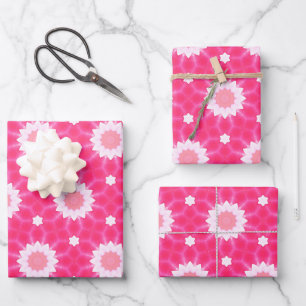 White daisy and stars over pink background pattern wrapping paper sheets