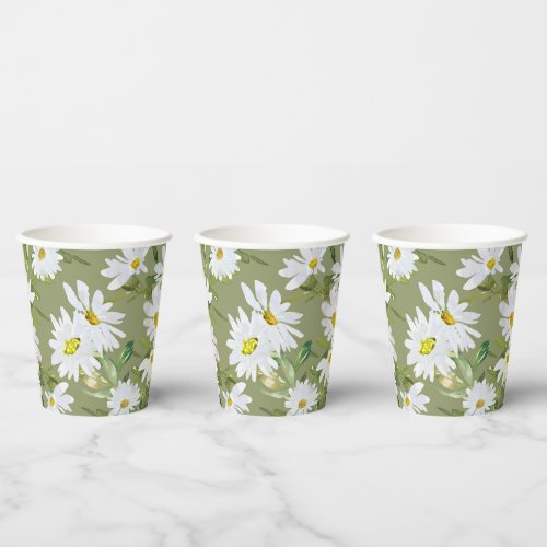 White Daisy  Baby Shower Summer floral bloom Paper Cups