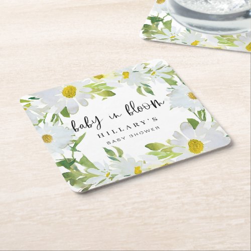 White Daisy  Baby Shower Summer floral bloom Square Paper Coaster