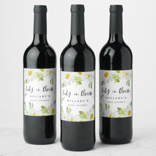 White Daisy  Baby Shower Summer floral bloom Wine Label