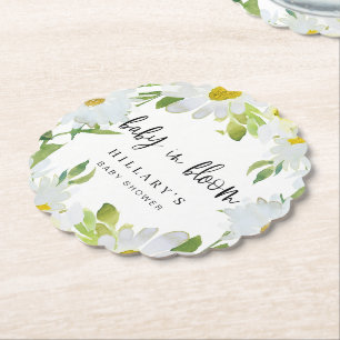 White Daisy Baby Shower Summer floral scalloped Paper Coaster
