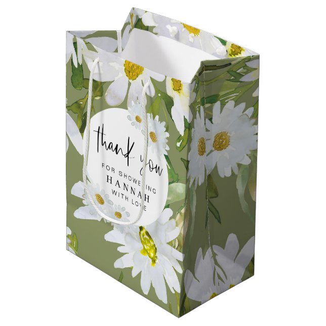 White Daisy Baby Shower Thank You Favors Medium Gift Bag (Front Angled)