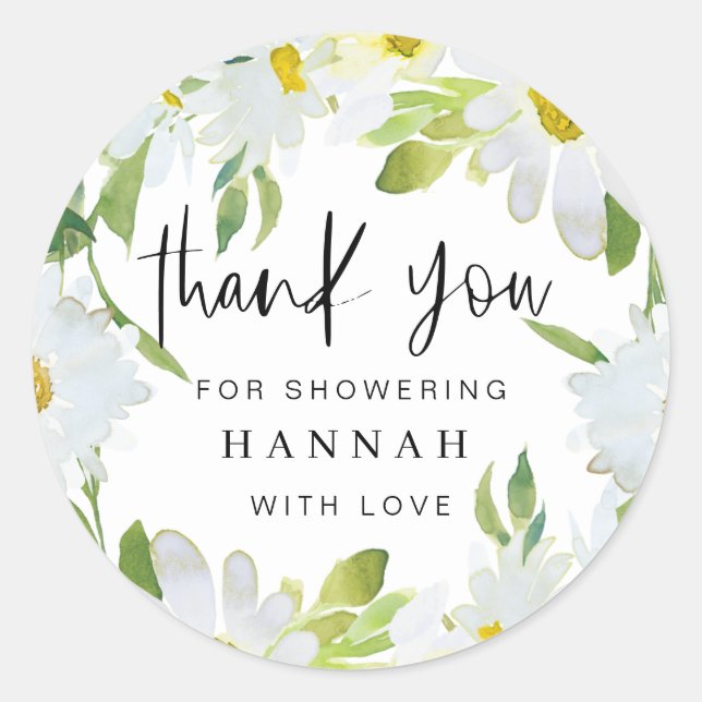 White Daisy Baby Shower Thank You Favour Gift  Classic Round Sticker (Front)