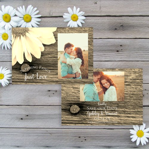 White Daisy Barn Wood Wedding Save the Date Sepia