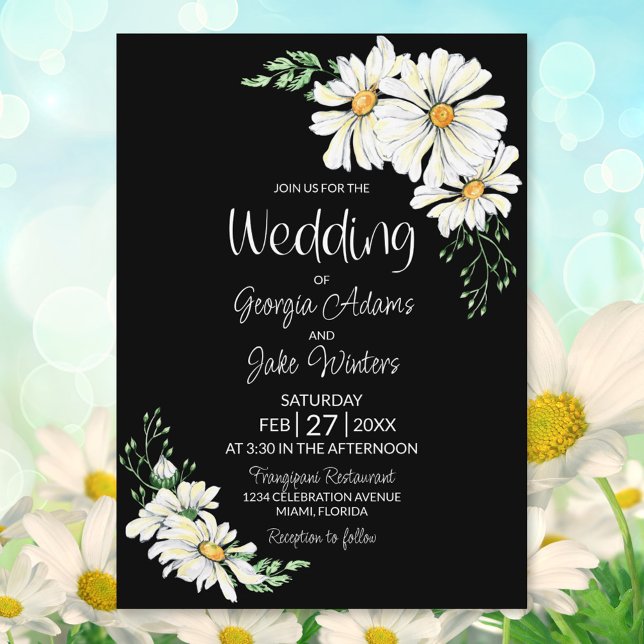 White Daisy Black Wedding Invitation (Creator Uploaded)