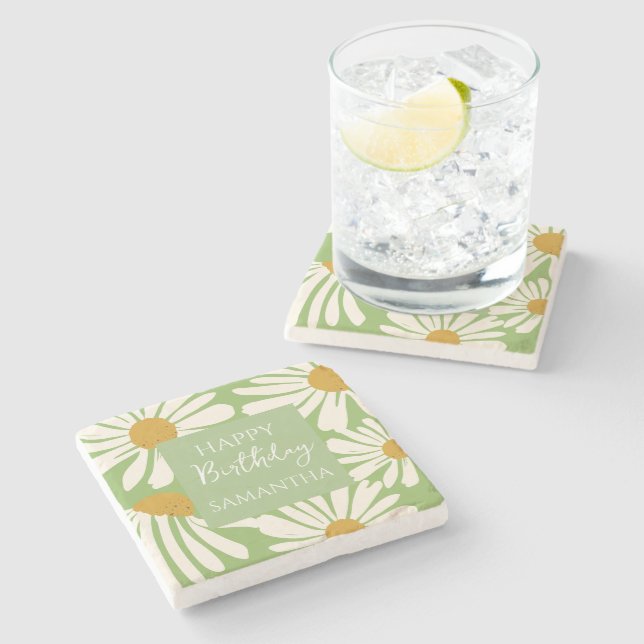 White Daisy Blooms –  Floral  Garden Birthday  Stone Coaster (Side)