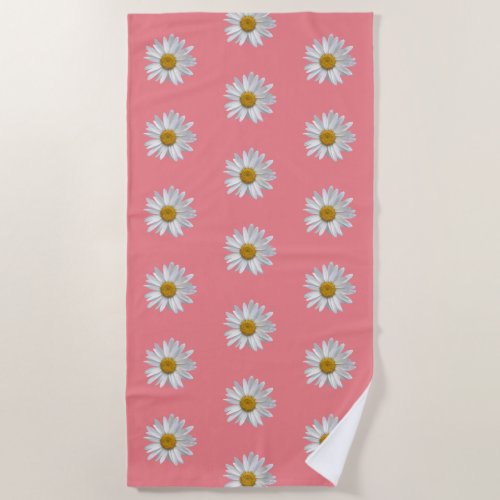 White Daisy Blooms Pattern Floral Pink Beach Towel