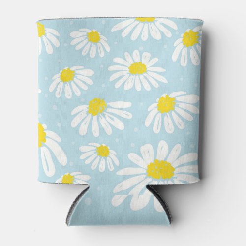 White Daisy Blue Background Seamless Can Cooler