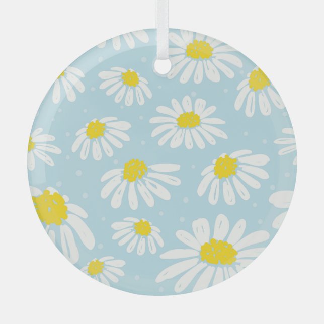 White Daisy Blue Background Seamless Glass Ornament (Front)
