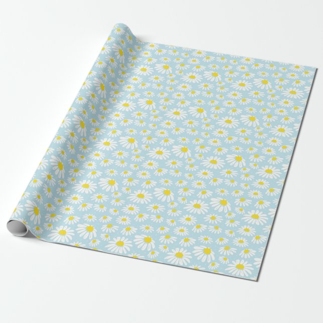 White Daisy Blue Background Seamless Wrapping Paper (Unrolled)