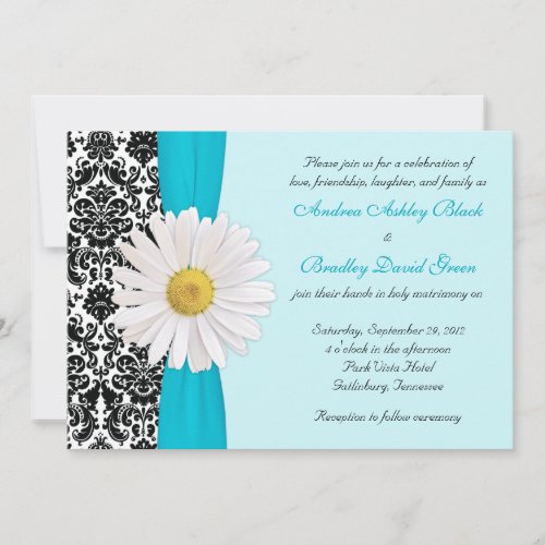 White Daisy Blue Black Damask Wedding Invitation