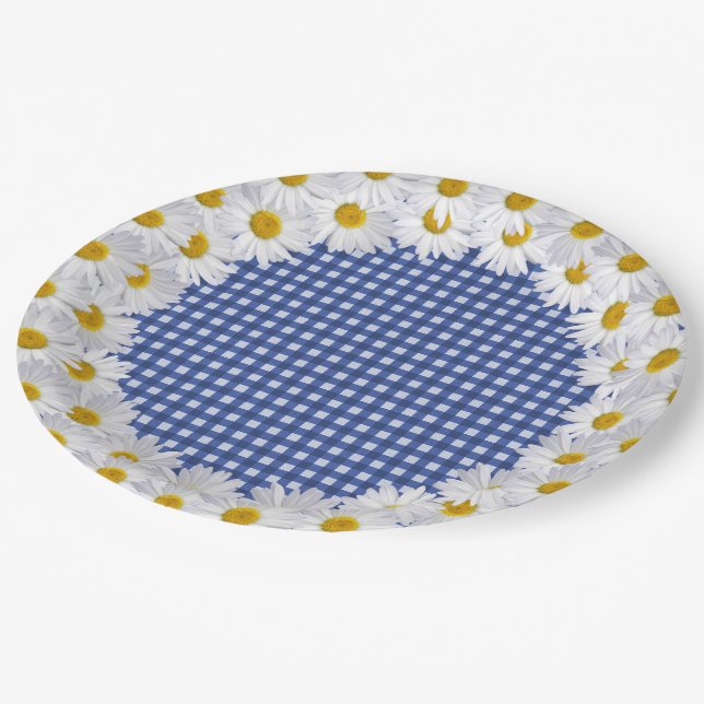White Daisy Border On Gingham Paper Plates (Angled)